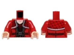 LEGO onderdeel Torso Dress with Black Belt, Ruffles and Lace Shawl Pattern / Red Arms / Light Nougat Hands (973pb1449c01)