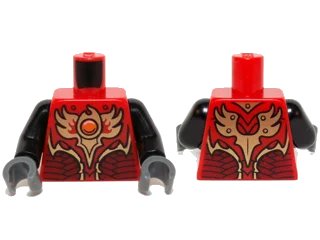 LEGO onderdeel Torso Vest with Dark Red and Gold Armor with Scales and Orange Round Jewel (Fire Chi) Pattern / Black Arms / Dark Bluish Gray Hands (973pb1715c01)
