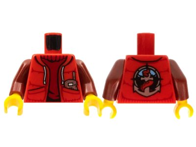 LEGO onderdeel Torso Jacket with Pockets and Radio over Dark Red Sweater, Deep Sea Logo with Anchor and Tentacle on Back Pattern / Dark Red Arms / Yellow Hands (973pb2061c01)