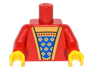 LEGO part Torso Female Outline Dress with Blue and Gold Fabric, Gold Trim and Necklace Pattern / Red Arms / Yellow Hands (973pb2220c01)