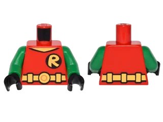 LEGO onderdeel Torso Batman 'R' Symbol, V Neck with Yellow Belt with Round Buckle Pattern / Green Arms / Black Hands (973pb2292c01)