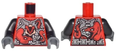 LEGO onderdeel Torso Ninjago Metallic Silver Armor with 2 Large Red Snakes with White Fangs and Clock Pattern / Pearl Dark Gray Arms / Dark Bluish Gray Hands (973pb2609c01)