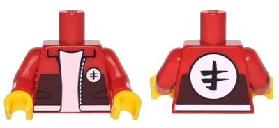 LEGO onderdeel Torso Jacket with Collar, Pockets, White Trim, White Circle Emblems with Asian Character Pattern / Red Arms with White Cuffs Pattern / Yellow Hands (973pb2818c01)