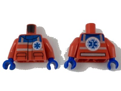LEGO onderdeel Torso Safety Stripes, Small EMT Star and EMT Star of Life on Back Pattern / Red Arms / Blue Hands (973pb2993c01)