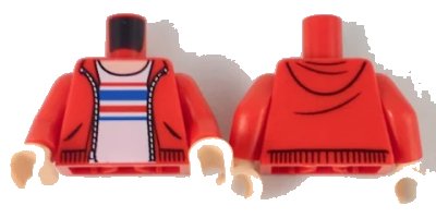 LEGO onderdeel Torso Hoodie with Zipper, Light Nougat Neck, White Shirt with Red and Blue Stripes Pattern / Red Arms / Light Nougat Hands (973pb3231c01)