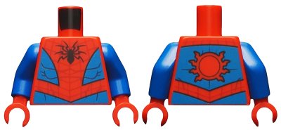 LEGO onderdeel Torso Spider-Man Costume 10 Black Spider, Dark Red Webbing, Blue Vest and Belt Pattern / Blue Arms / Red Hands (973pb3367c01)
