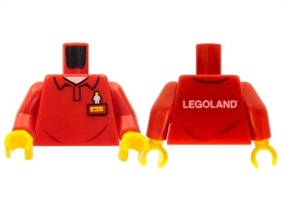 LEGO onderdeel Torso Polo Shirt with White Minifigure Emblem, Yellow Name Tag and 'LEGOLAND' on  Back Pattern / Red Arms / Yellow Hands (973pb3608c01)