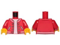 LEGO onderdeel Torso Letterman Jacket with Striped Trim, Pockets, and Silver Buttons over White Shirt Pattern / Red Arms / Yellow Hands 973pb3624c01