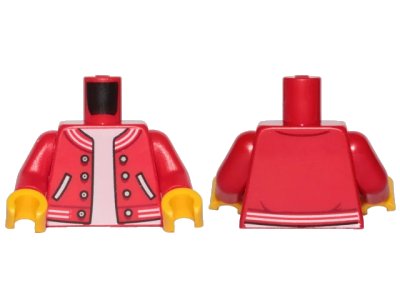 LEGO onderdeel Torso Letterman Jacket with Striped Trim, Pockets, and Silver Buttons over White Shirt Pattern / Red Arms / Yellow Hands (973pb3624c01)