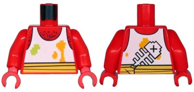 LEGO onderdeel Torso White Tank Top with Lime and Bright Light Orange Spots, Fish Bone on Back, Hairy Chest and Yellow Waist Sash Pattern / Red Arms / Red Hands (973pb3832c01)