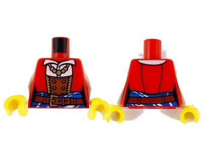 LEGO onderdeel Torso Female Pirate Corset Top over White Shirt, Reddish Brown Belt with Gold Buckle, Bead Necklace, Blue Sash with Stripes Pattern / White Arms / Yellow Hands (973pb3975c01)