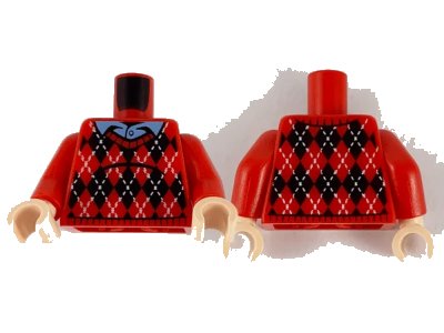 LEGO onderdeel Torso Knit Argyle Sweater, Medium Blue Shirt Collar, Black Diamonds and White Stitching Pattern / Red Arms / Light Nougat Hands (973pb3978c01)