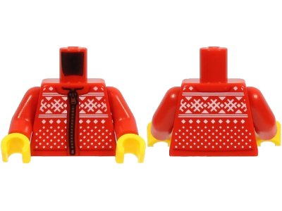 LEGO onderdeel Torso Winter Jacket with Zipper and Knitted White Hashmarks, Triangles, Lines and Squares Pattern / Red Arms / Yellow Hands (973pb4101c01)
