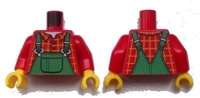 LEGO onderdeel Torso Overalls Green, Bright Light Orange Windowpane Check Shirt, White Undershirt Pattern / Red Arms / Yellow Hands (973pb4243c01)