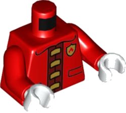 LEGO onderdeel Torso Fire Jacket with Gold Clasps and Fire Logo Badge Front and Back Pattern / Red Arms / White Hands (973pb4298c01)