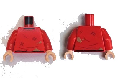 LEGO onderdeel Torso Crew Neck Sweater, Creases, Patches, Dark Tan Stains Pattern / Red Arms / Light Nougat Hands (973pb4662c01)