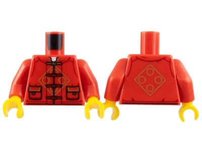 LEGO onderdeel Torso Tang Jacket with Laces, Gold Circles in Diamond, 2 Pockets Pattern / Red Arms / Yellow Hands (973pb5021c01)