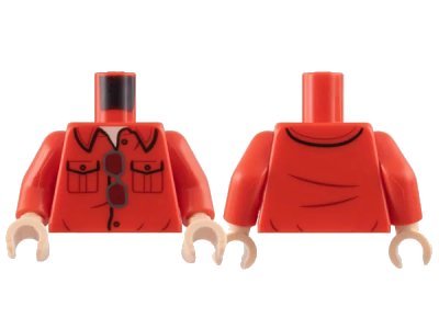 LEGO onderdeel Torso Collar Shirt with 2 Pockets, Light Nougat Neck, Silver Glasses with Dark Red Lenses Pattern / Red Arms / Light Nougat Hands (973pb5173c01)