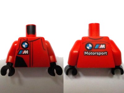 LEGO onderdeel Torso Racing Suit with Black Panel, BMW Motorsport Logo, White Capital Letter M with Red, Blue and Dark Azure Diagonal Stripes Pattern / Red Arms / Black Hands (973pb5570c02)