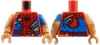 LEGO part Torso Spider-Man Costume Tattered, Black Spider and Webbing, Blue Side Panels, Medium Nougat Fur Behind Rips and Tears Pattern / Medium Nougat Arm with Molded Blue Short Sleeve and Printed Tear and Reddish Brown Fur Pattern Left / Medium Nougat Arm with R 973pb6281c01