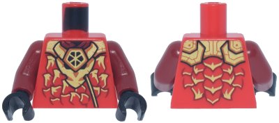 LEGO part Torso Robe with Gold and Dark Orange Dragon Head and Armor, Dark Red Scales Pattern / Dark Red Arms / Black Hands (973pb6504c01)