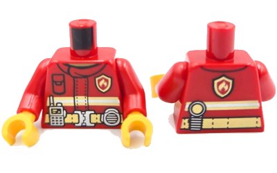 LEGO part Torso Fire Jacket with Silver and Bright Light Yellow Reflective Stripes and Fire Logo Badge, Utility Belt with Buckle and Radio Pattern (BAM) / Red Arms / Yellow Hands (973pb6574c01)