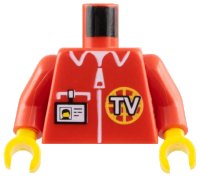 LEGO part Torso Shirt with White Zipper, Pocket, Collar, and 'TV' Logo, ID Badge Pattern / Red Arms / Yellow Hands 973px131c01