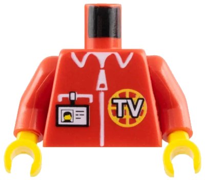 LEGO onderdeel Torso Shirt with White Zipper, Pocket, Collar, and 'TV' Logo, ID Badge Pattern / Red Arms / Yellow Hands (973px131c01)