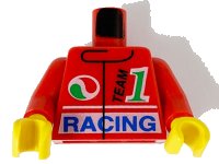 LEGO part Torso Jacket, Octan Logo, Black 'TEAM', Green Number 1, Blue 'RACING' Pattern / Red Arms / Yellow Hands 973px36c01
