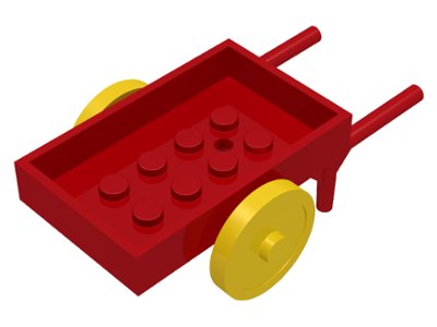 LEGO onderdeel Fabuland Utensil Wheelbarrow, Rectangular with Yellow Wheel Pair Large with Center Stud with Fixed Red Axle (fabad6 / fabwheel2) (fabad6c01)