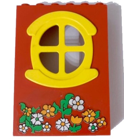 LEGO onderdeel Fabuland Building Wall 2 x 6 x 7 with Round Symmetric Yellow Window with Flowers Pattern (Sticker) - Set 3665 (x635c02pb01)