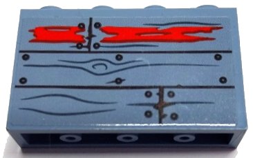 LEGO part Panel 1 x 4 x 2 with Side Supports - Hollow Studs with Wooden Boards, Wood Grain, Nails and Red Paint Pattern (Sticker) - Set 70422 (14718pb071)