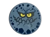 LEGO part Tile, Round 2 x 2 with Bottom Stud Holder with Rock Creature Face with Jagged Grin, Dark Blue Spots and Yellow Eyes Pattern 14769pb184