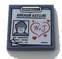 LEGO part Tile 2 x 2 with Clipboard with 'ARKHAM ASYLUM', Joker Image and Red 'H & J' in Heart Pattern 3068pb1043