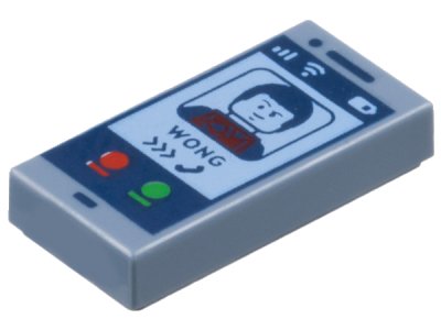 LEGO part Tile 1 x 2 with Cell Phone / Smartphone with Dark Blue Minifigure, 'WONG', Calling Symbol, and Red and Green Buttons Pattern (3069pb1189)