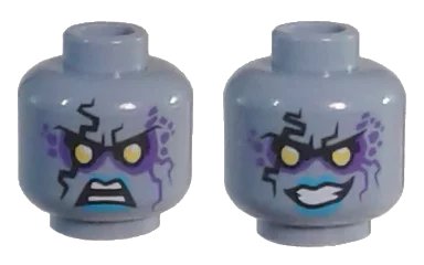 LEGO onderdeel Minifigure, Head Dual Sided Alien with Yellow Eyes, Dark Purple Rock Effect, Blue Lips, Teeth, Open Mouth Angry / Evil Grin Pattern (3626pb1844)