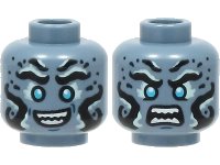 LEGO part Minifigure, Head Dual Sided Alien with Black and Light Aqua Eyebrows and Markings, Medium Azure Eyes, Open Mouth Smile / Angry with Bared Teeth Pattern - Hollow Stud 3626pb2828