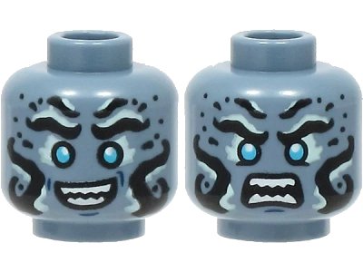 LEGO onderdeel Minifigure, Head Dual Sided Alien with Black and Light Aqua Eyebrows and Markings, Medium Azure Eyes, Open Mouth Smile / Angry with Bared Teeth Pattern - Hollow Stud (3626pb2828)