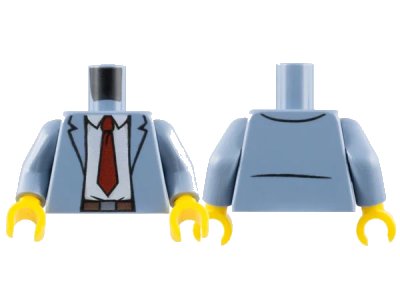 LEGO onderdeel Torso Open Suit Jacket with White Shirt, Dark Red Tie and Reddish Brown Belt Pattern / Sand Blue Arms / Yellow Hands (973pb1415c02)