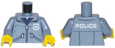 LEGO onderdeel Torso Jacket with Zippers over Dark Blue Shirt with Badge and 'POLICE' Pattern / Sand Blue Arms / Yellow Hands (973pb2915c01)