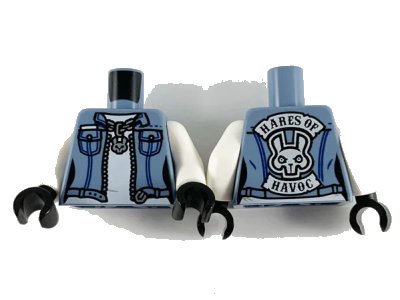 LEGO onderdeel Torso Female Denim Jacket and Silver Zipper and Chain with Rabbit Pendant, 'HARES OF HAVOC' on Back Pattern / White Arms / Black Hands (973pb3777c01)