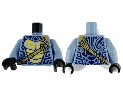 LEGO onderdeel Torso Dark Blue Scales, Dark Tan Crossbelt and Yellow Lines Pattern / Sand Blue Arms / Black Hands (973pb4158c01)