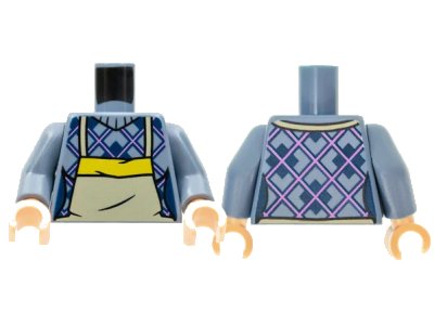 LEGO onderdeel Torso Female Argyle Sweater, Tan Apron with Yellow Top Pattern / Sand Blue Arms / Light Nougat Hands (973pb4284c01)