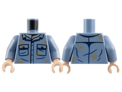 LEGO onderdeel Torso Shirt with 2 Pockets with Black Buttons Outline, Dark Tan Dirt Stains Pattern / Sand Blue Arms / Light Nougat Hands (973pb5315c01)