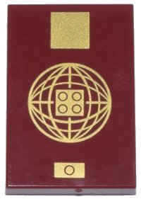 LEGO part Tile 2 x 3 with Passport Cover with Gold Square, Sphere with Lines and 2 x 2 Studs, and Biometric Symbol Pattern 26603pb509