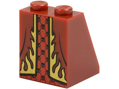 LEGO part Slope 65 2 x 2 x 2 with Bottom Tube with Minifigure Dress / Skirt / Robe, Gold Flames Trim over Red Panel with Black Skulls Pattern (3678bpb082)