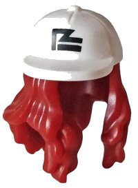 LEGO part Minifigure, Hair Combo, Hair with Hat, Long Hair with White Crooked Ball Cap with Black Logo Pattern 66980pb01