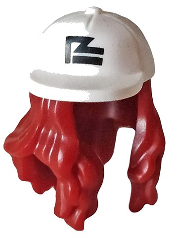 LEGO onderdeel Minifigure, Hair Combo, Hair with Hat, Long Hair with White Crooked Ball Cap with Black Logo Pattern (66980pb01)