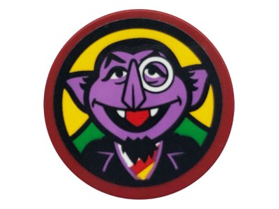 LEGO part Tile, Round 3 x 3 with Sesame Street The Count on Yellow Background Pattern (Sticker) - Set 21324 (67095pb006)