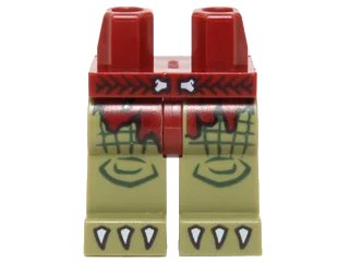 LEGO onderdeel Hips and Olive Green Legs with Dark Red Loincloth Tattered, Braided Belt with Bone Buckle and White Claws Pattern (970c155pb10)